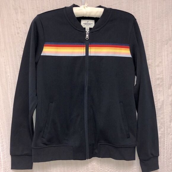 AE S Multicolored Stripe Navy Full Zip Track Jacket with Pockets - Picture 1 of 9